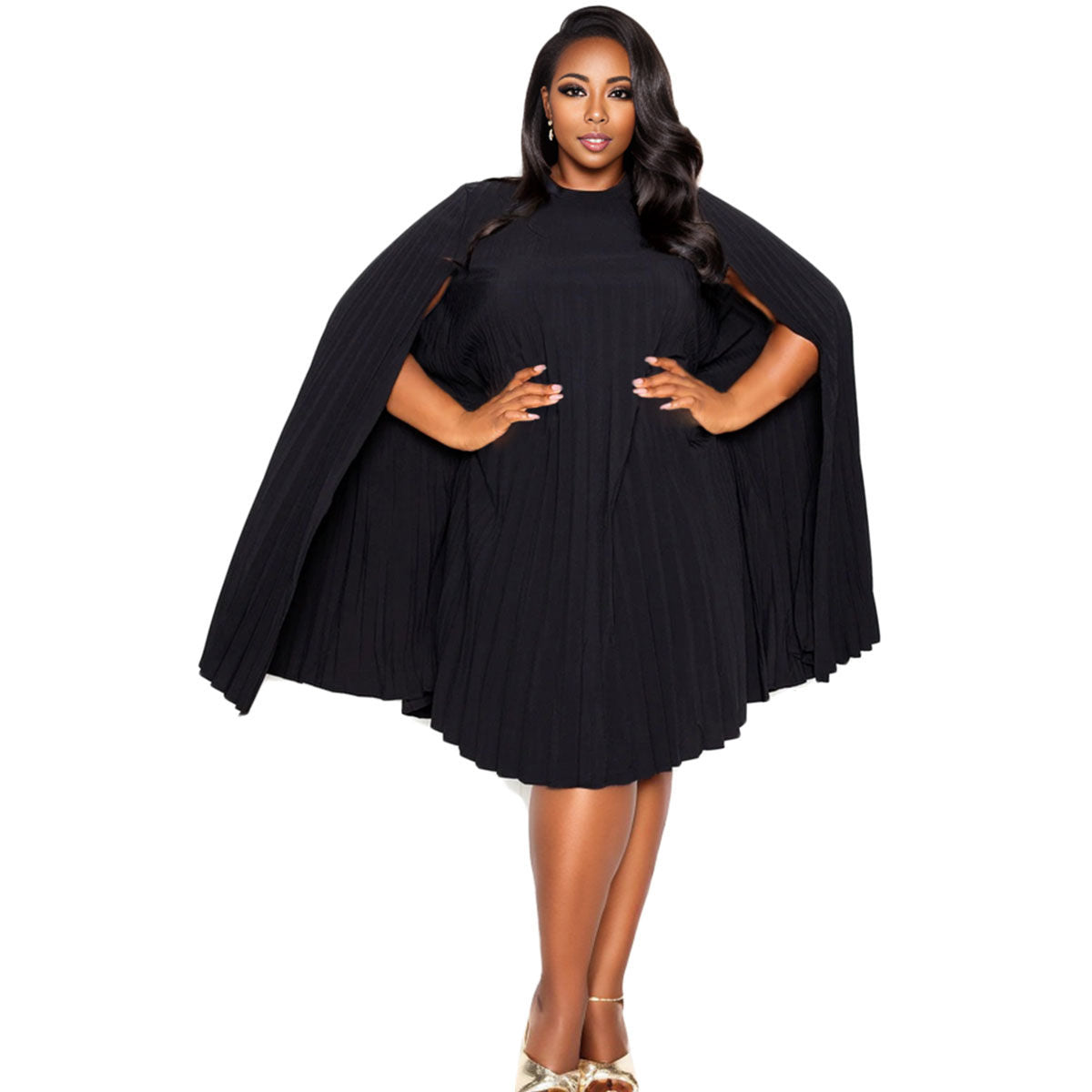 5XL Black Pleated Cape Dress