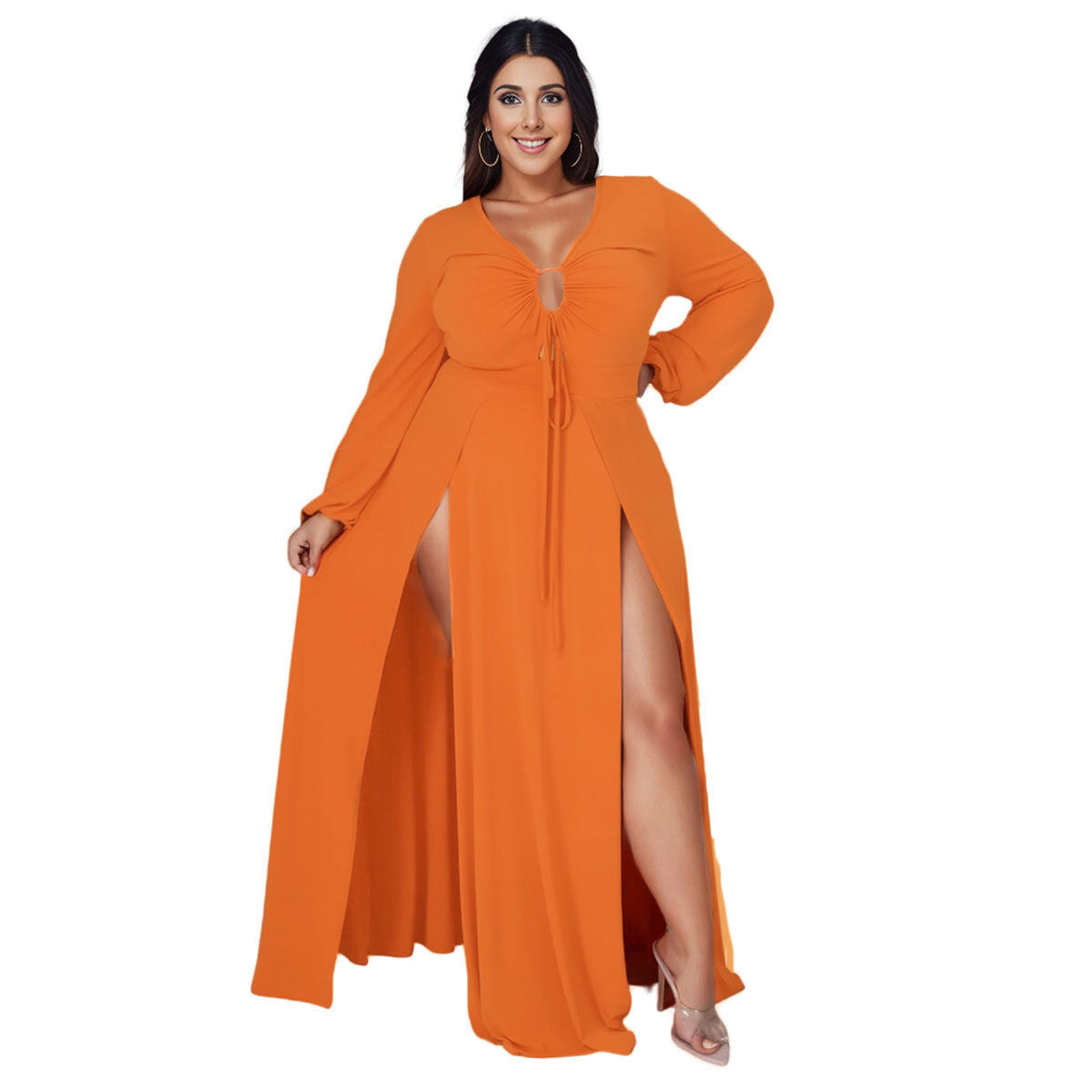 4XL Bright Orange Sexy Slit Dress