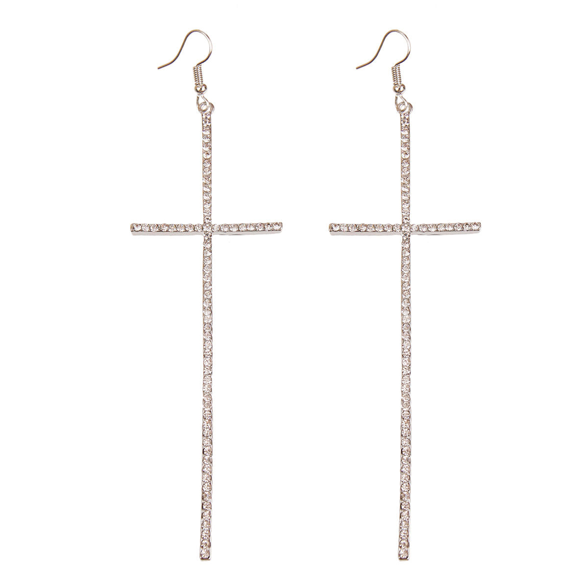 Pave Rhinestone Silver Cross Drop Earrings