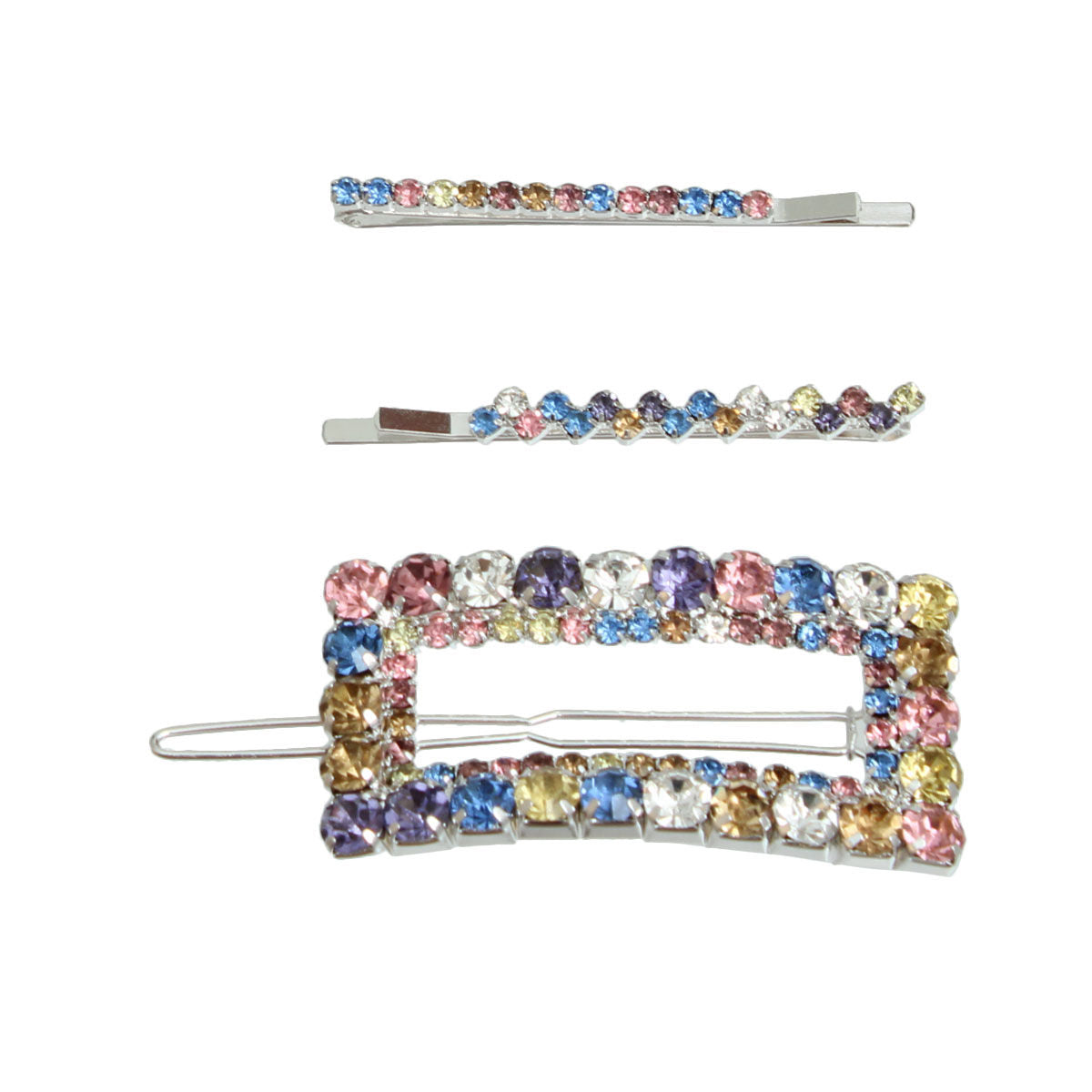 3 Pcs Multi Rhinestone Silver Rectangle Hair Pin Set