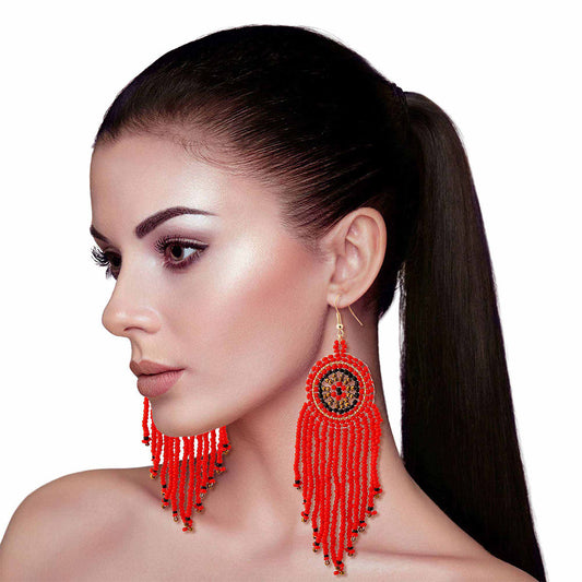 Red Seed Bead Fringe Round Earrings