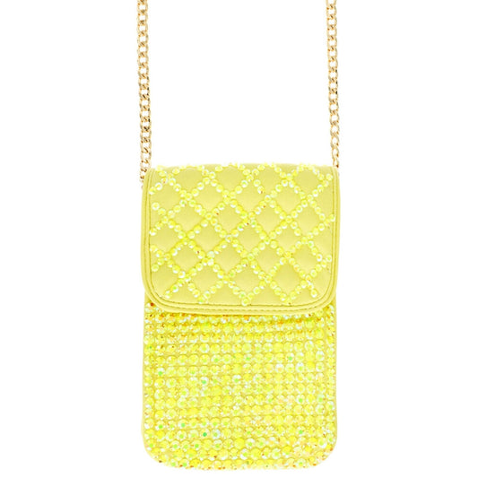 Yellow Quilted Rhinestone Cellphone Bag