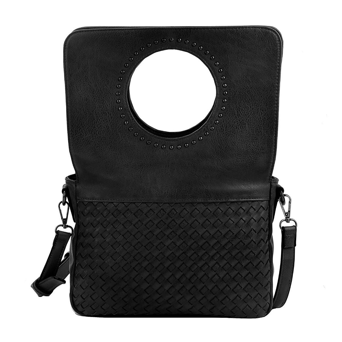 Black Leather Woven Flap Crossbody