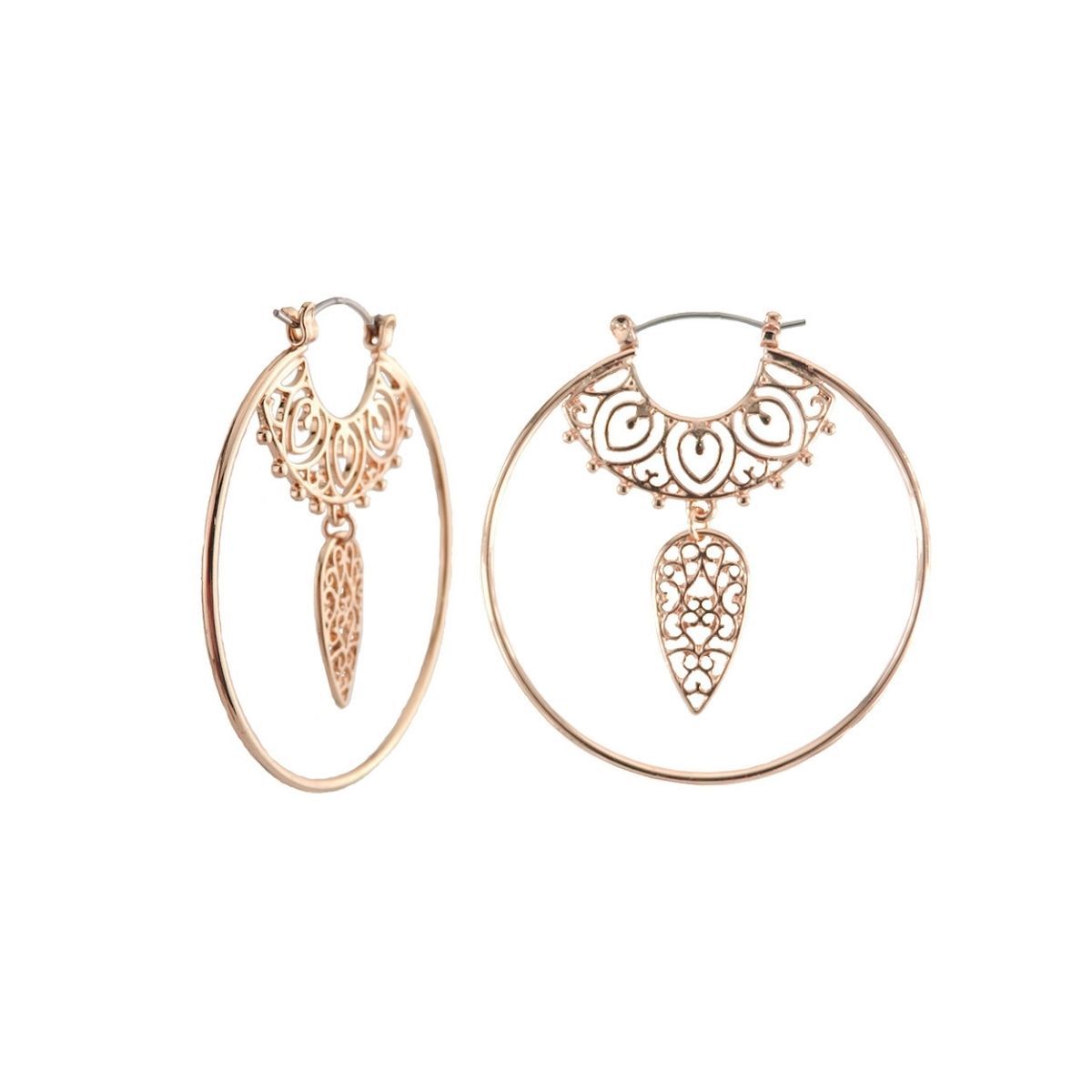 Rose Gold Filigree Dangle Hoops