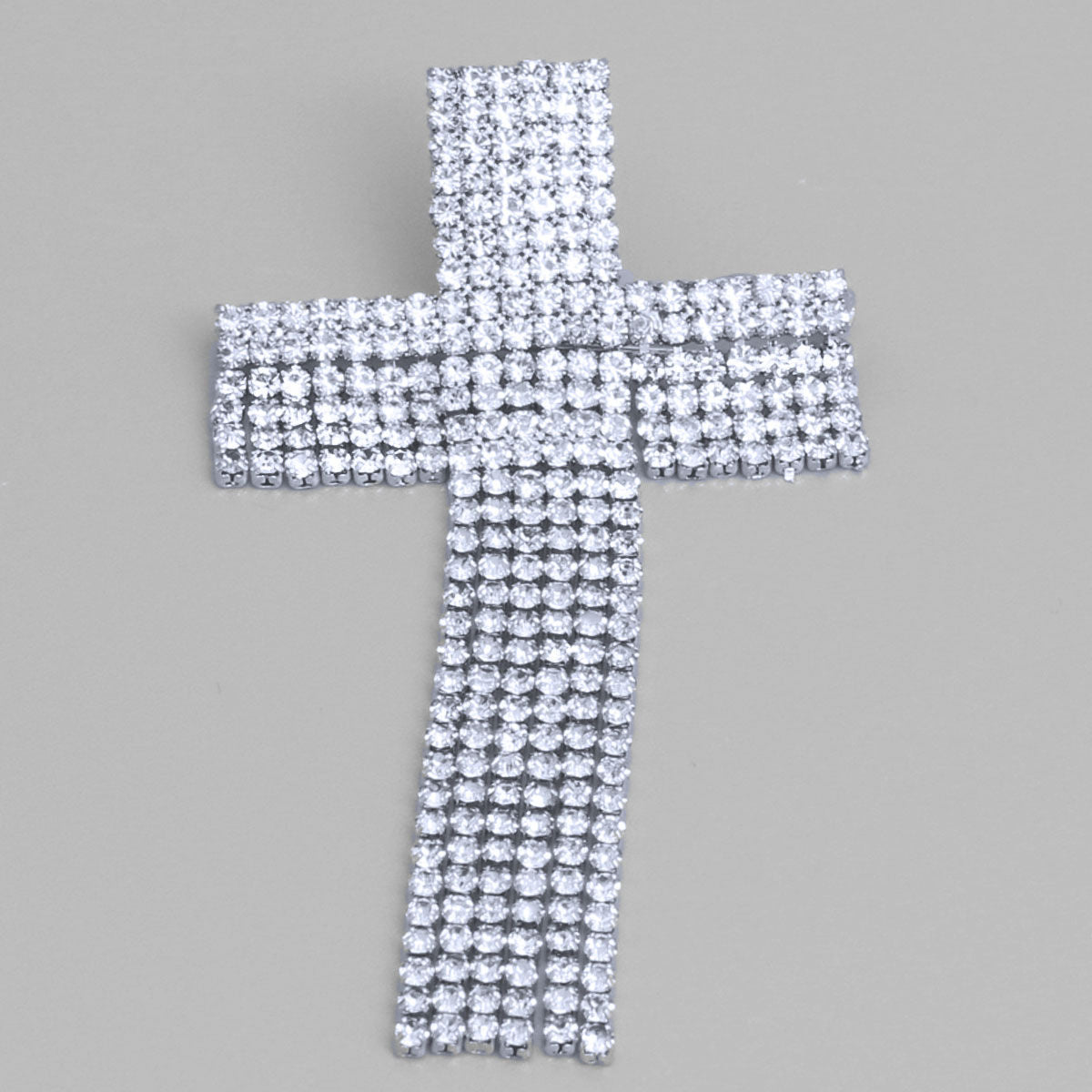 Silver Rhinestone Fringe Cross Brooch