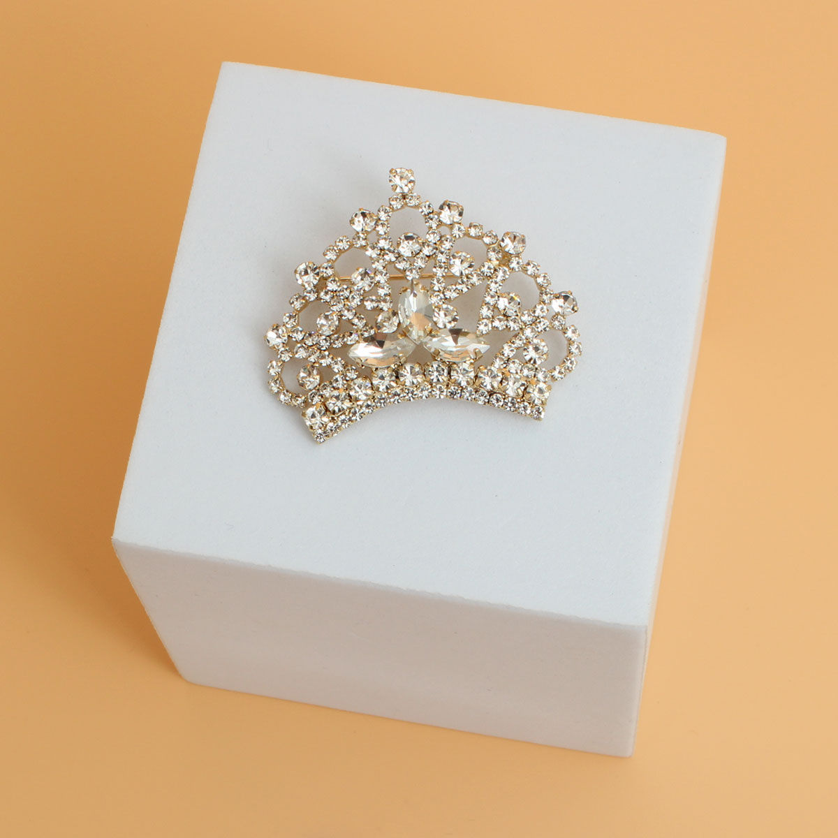 Gold Rhinestone Classic Crown Brooch