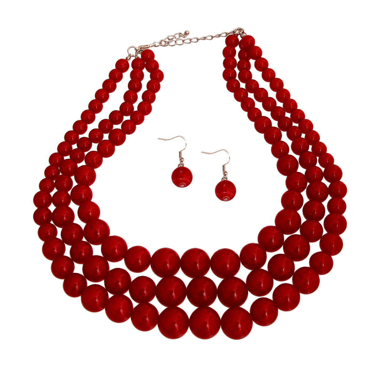 Silver and Graduated Red Pearl Beads 3 Strand Layered Necklace Set