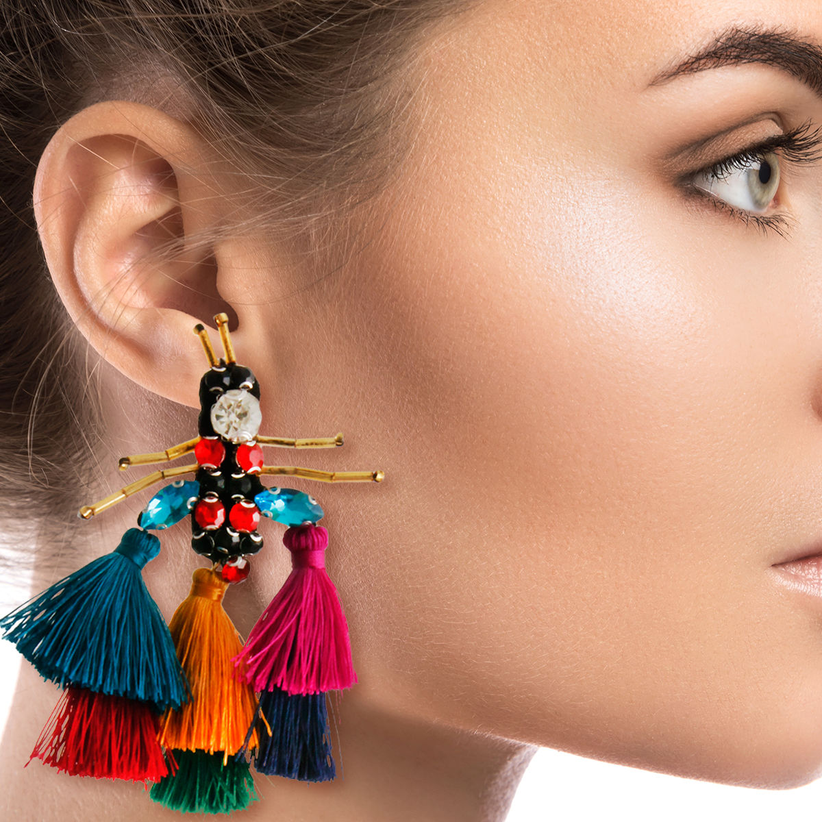 Rhinestone and Tassel Bee Earrings