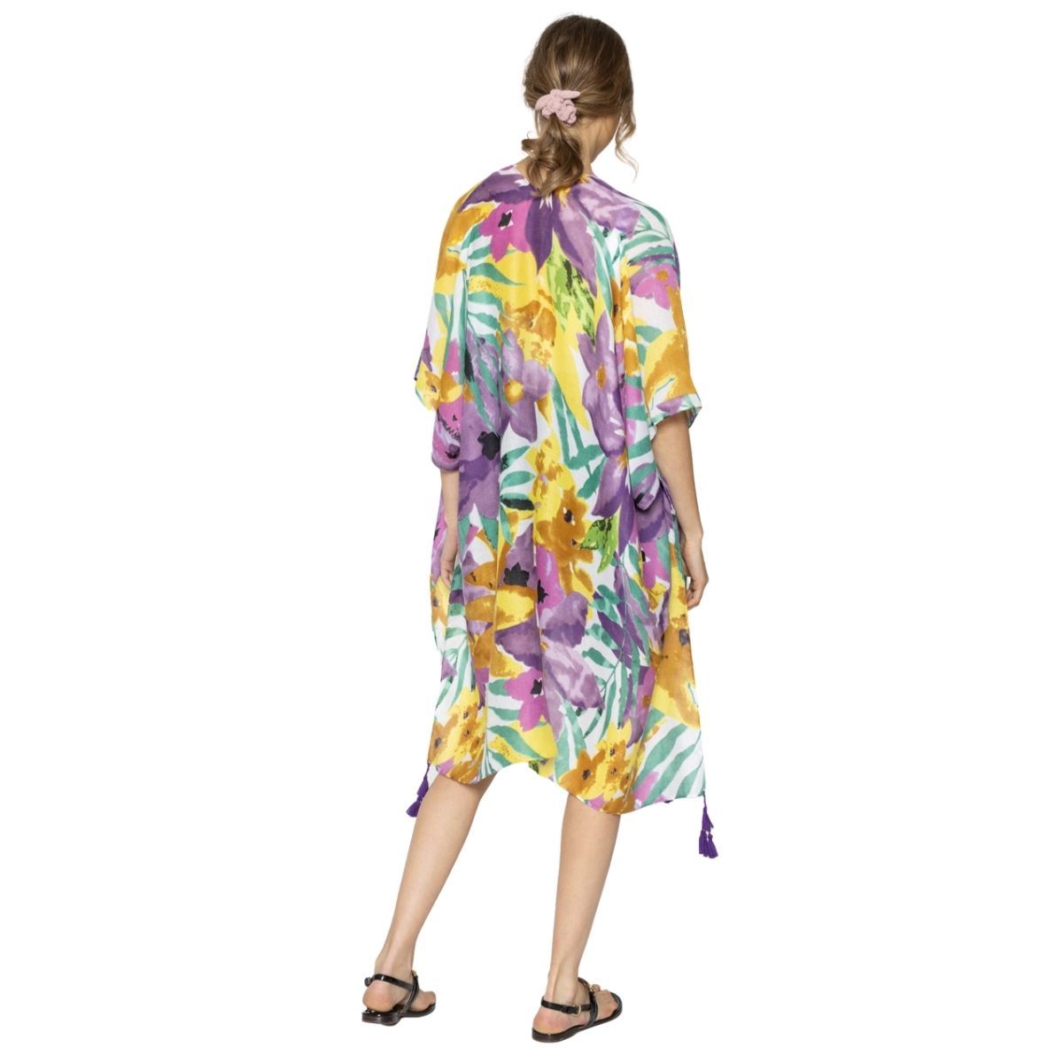 Purple Floral Watercolor Tassel Kimono