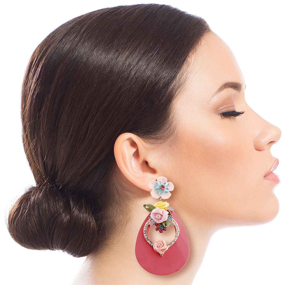 Pink Teardrop Earrings with Rhinestone and Flower Detail