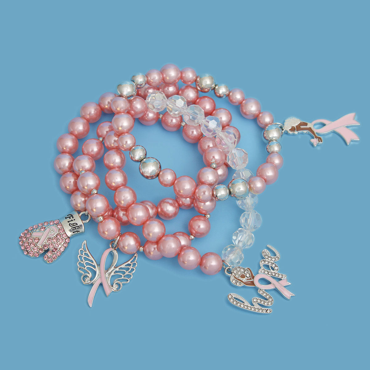 Light Pink Pearl Cancer Charm Bracelets