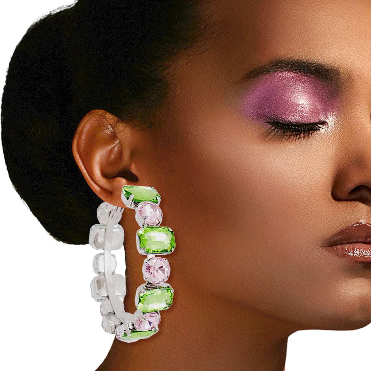 Pink Green Glass Crystal Hoops