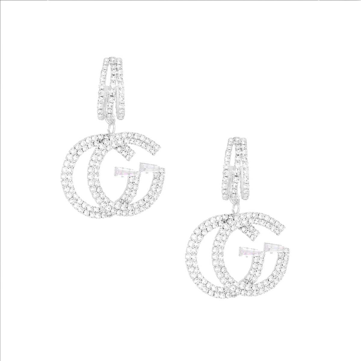 Silver Pave GG Charm C Hoops