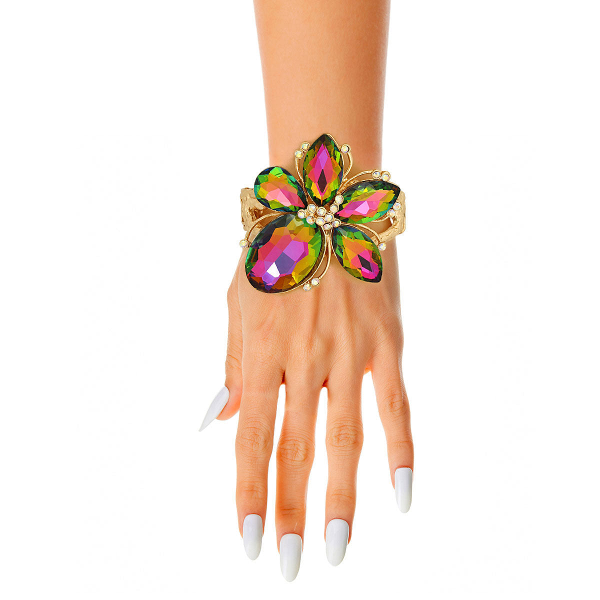 Pink Green Crystal Flower Hinge Cuff