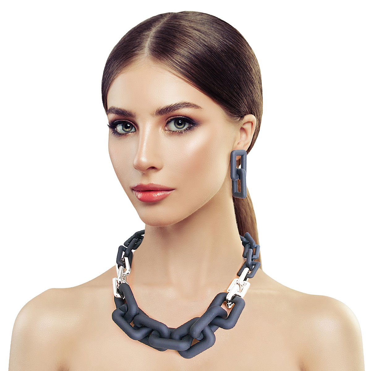 Black Rubber and Silver Rectangle Link Chain