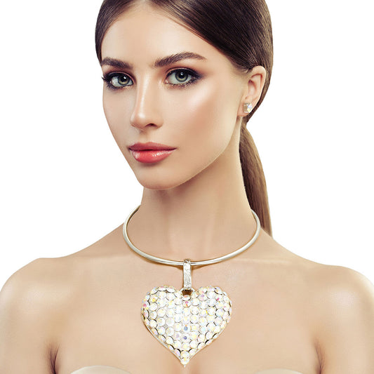 Silver Collar XL Aurora Borealis Heart Set