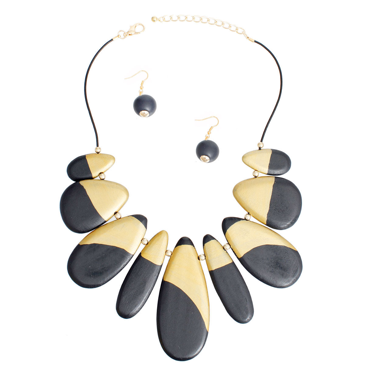 Bib Necklace Black Wood Teardrop Set for Women