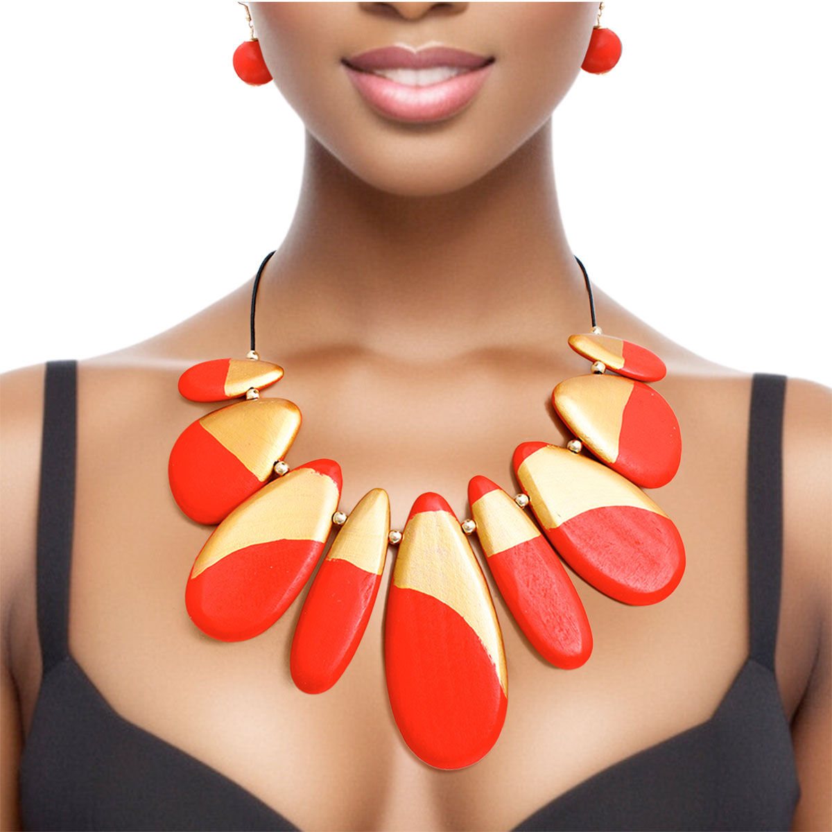 Bib Necklace Red Wood Teardrop Set for Women