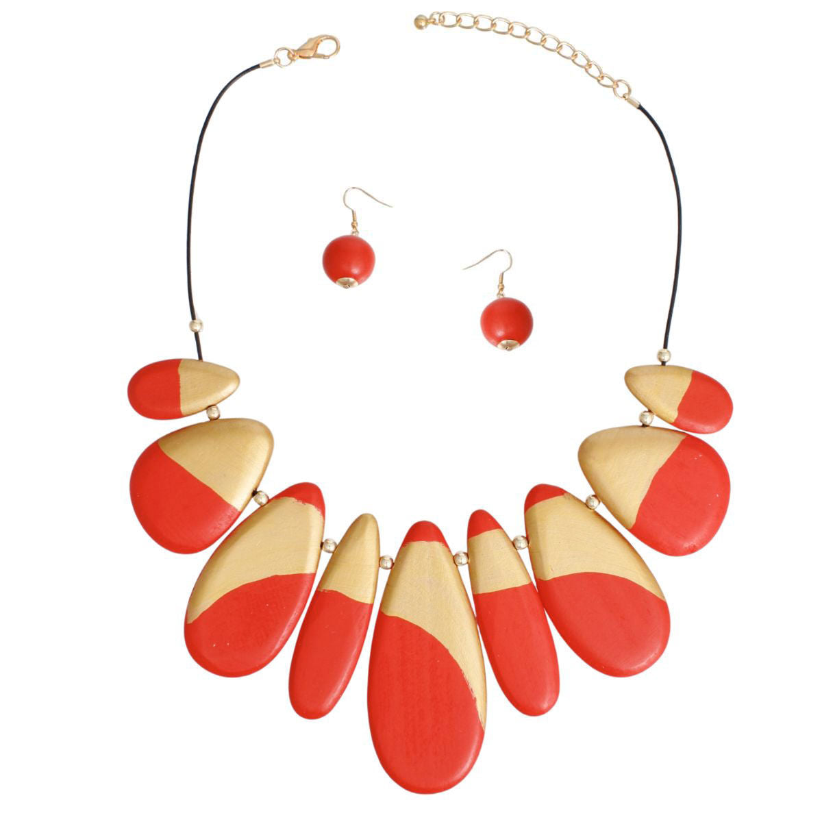 Bib Necklace Red Wood Teardrop Set for Women