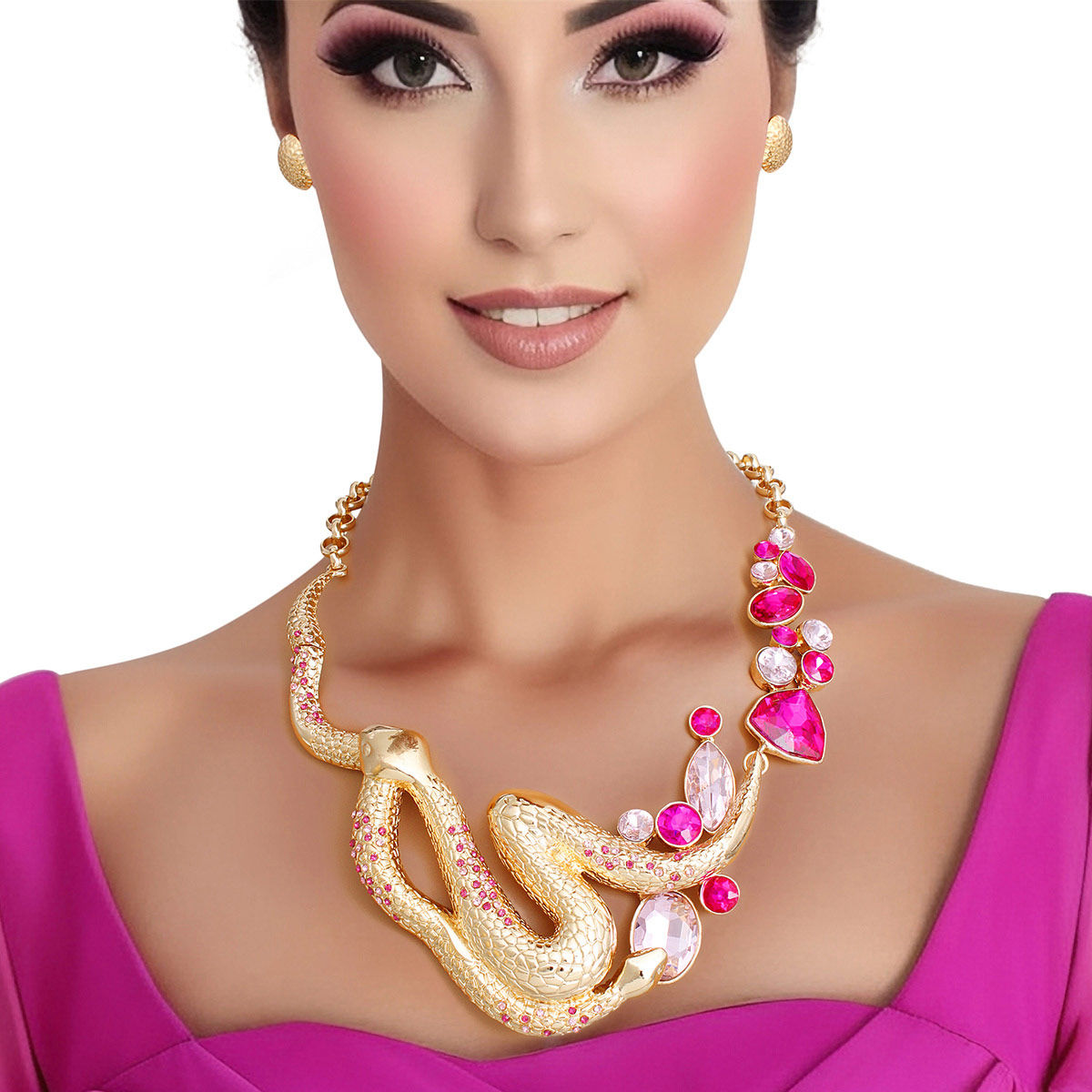 Bib Necklace Gold Fuchsia Snake Set for Women