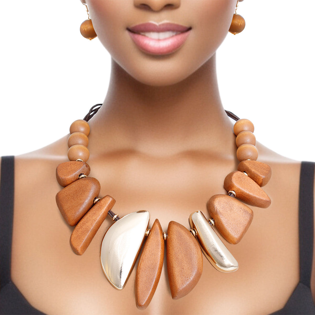 Bib Necklace Brown Wood Metal Set for Women