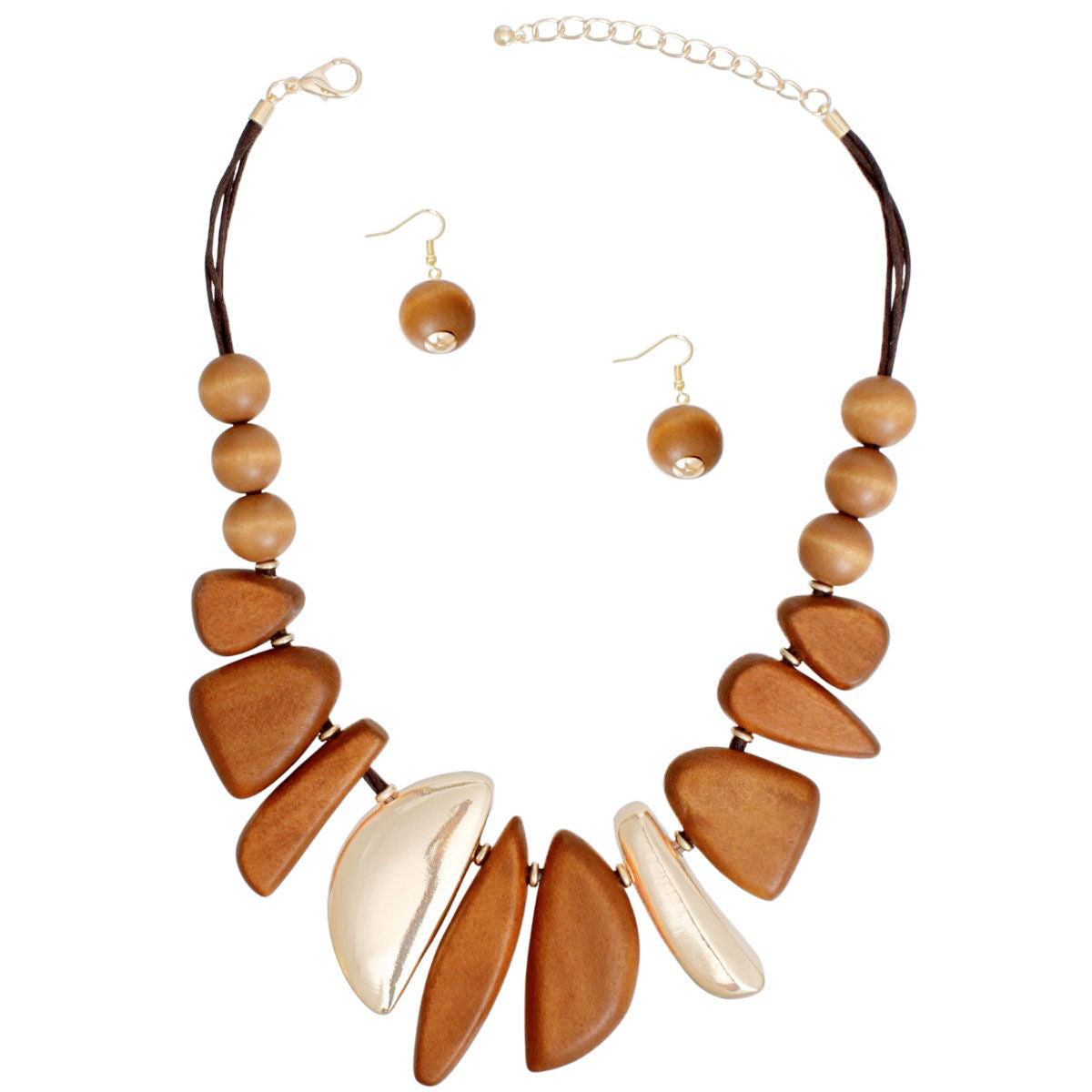 Bib Necklace Brown Wood Metal Set for Women