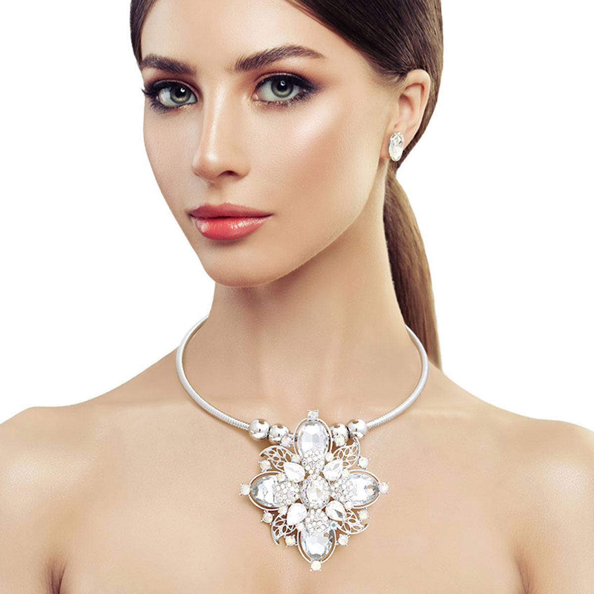 Silver Filigree Crystal Flower Set