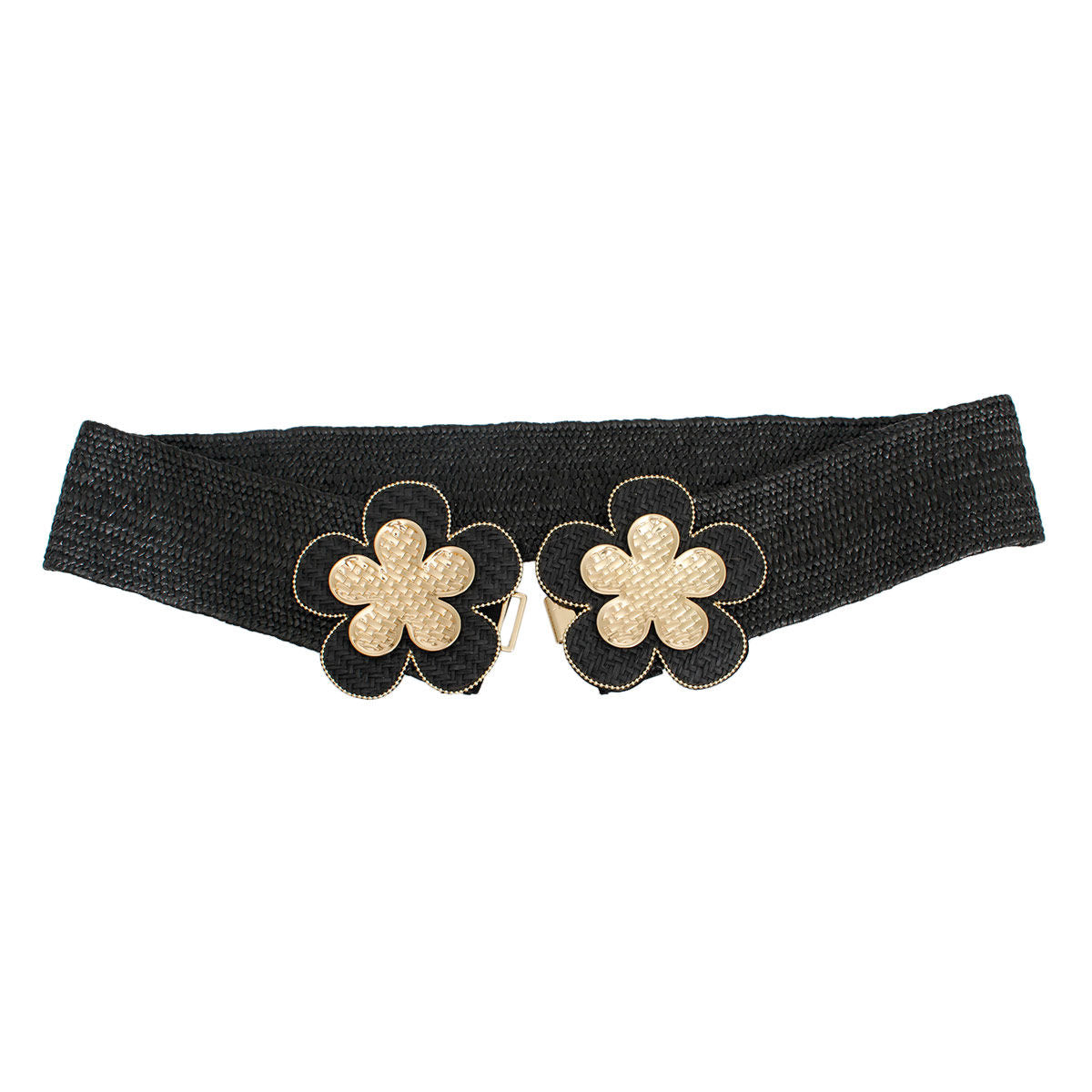 Stretch Belt Raffia Black Flower for Women