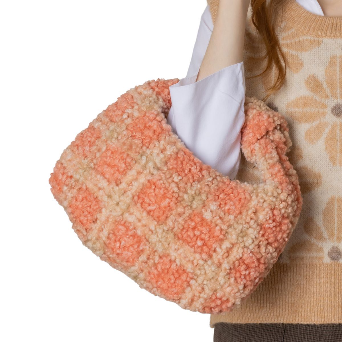 Peach Plaid Sherpa Bag