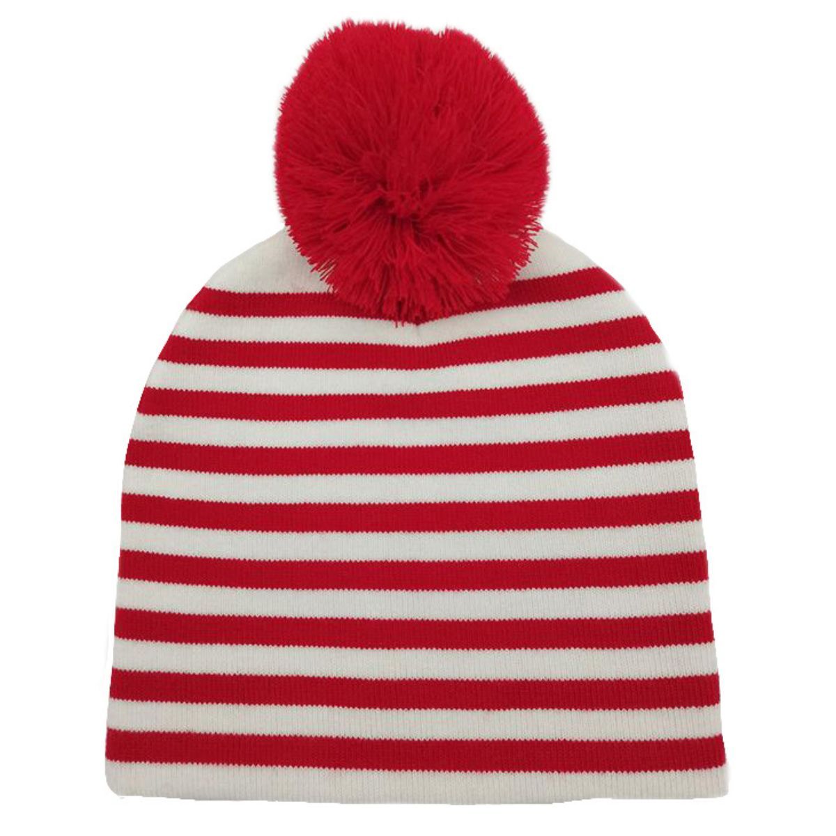 Red White Stripe Pom Beanie