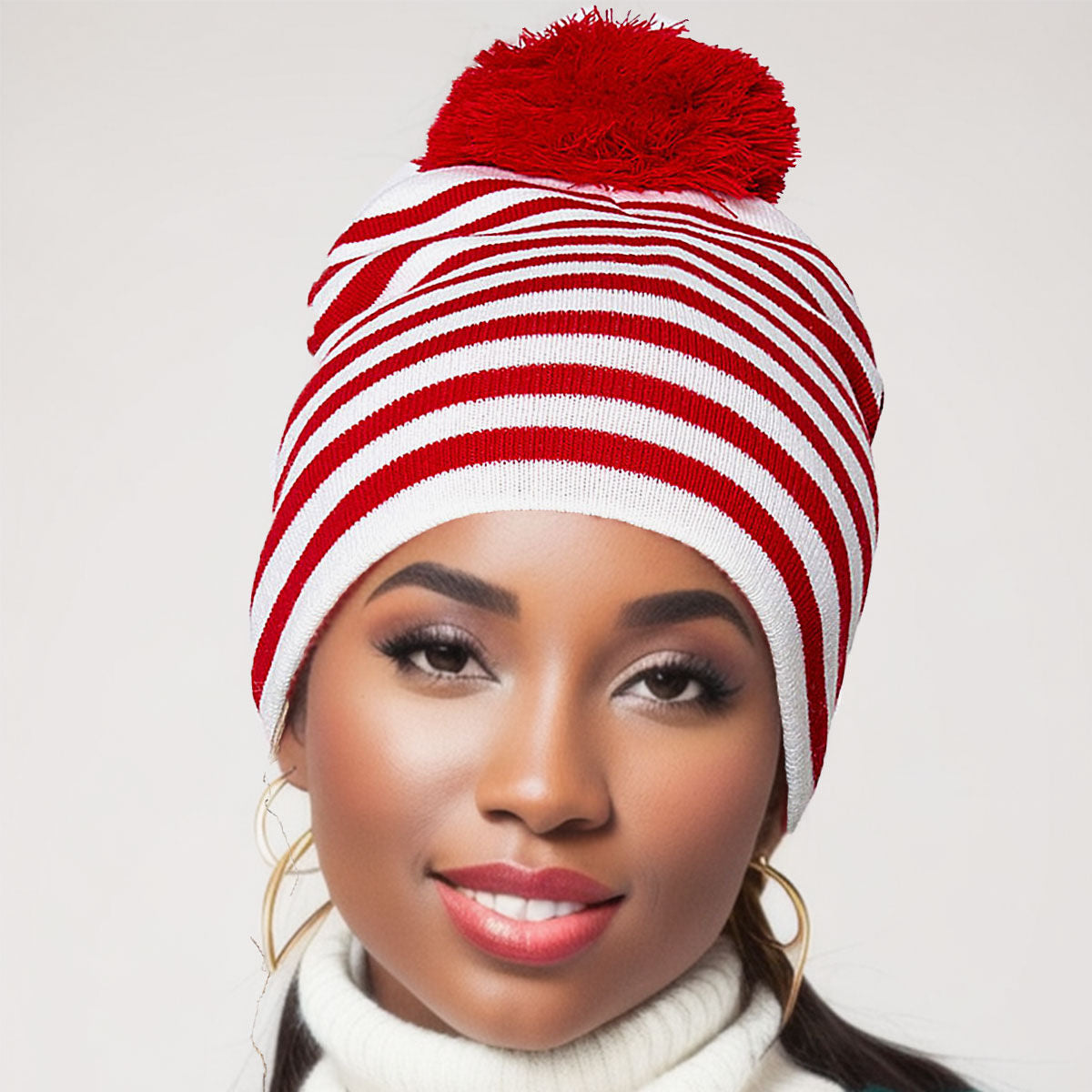 Red White Stripe Pom Beanie