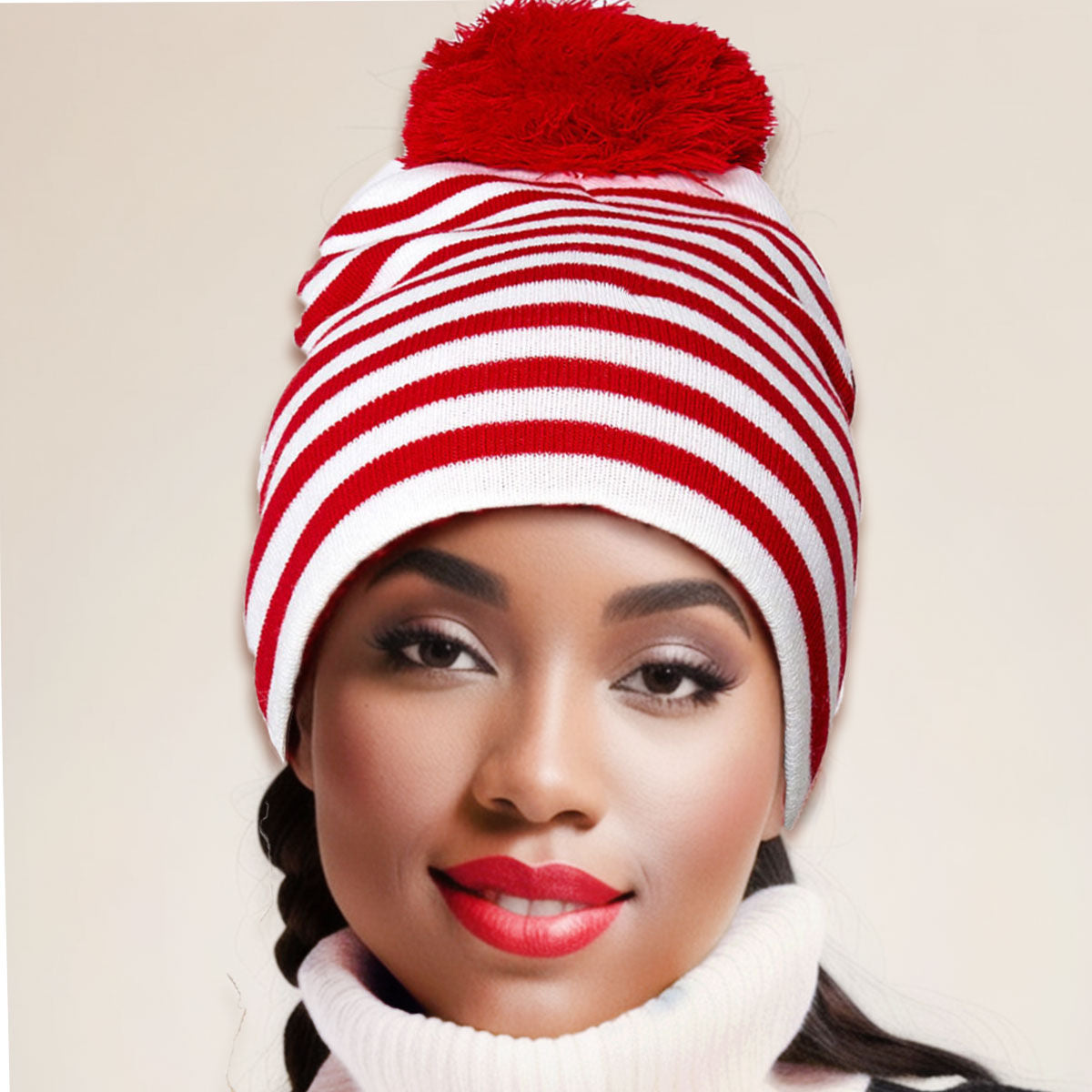 Red White Stripe Pom Beanie