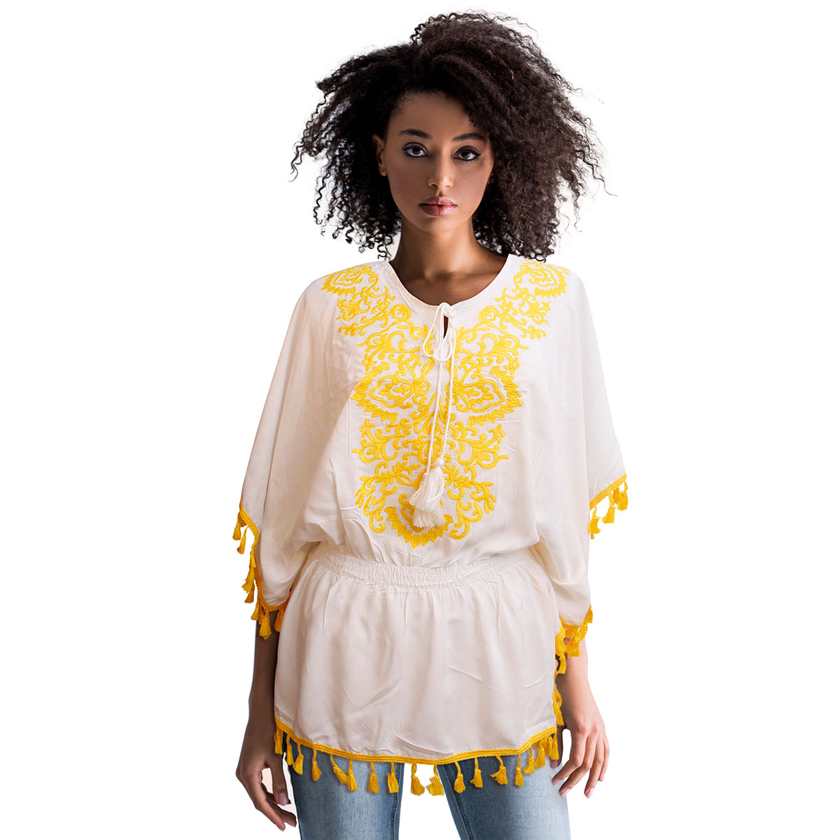 Yellow Embroidered Tribal Poncho