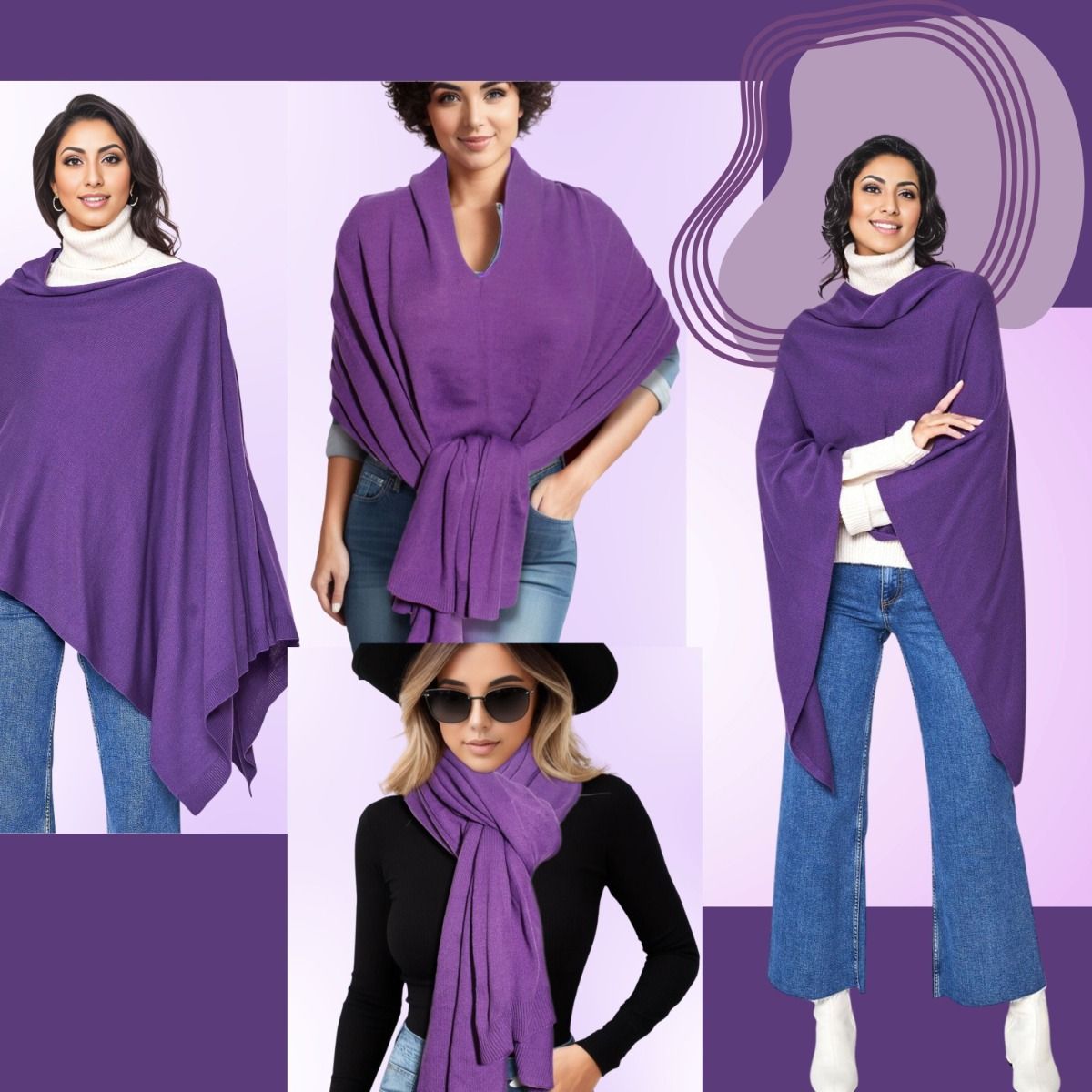 Scarf Poncho Purple 4 Style Wrap for Women