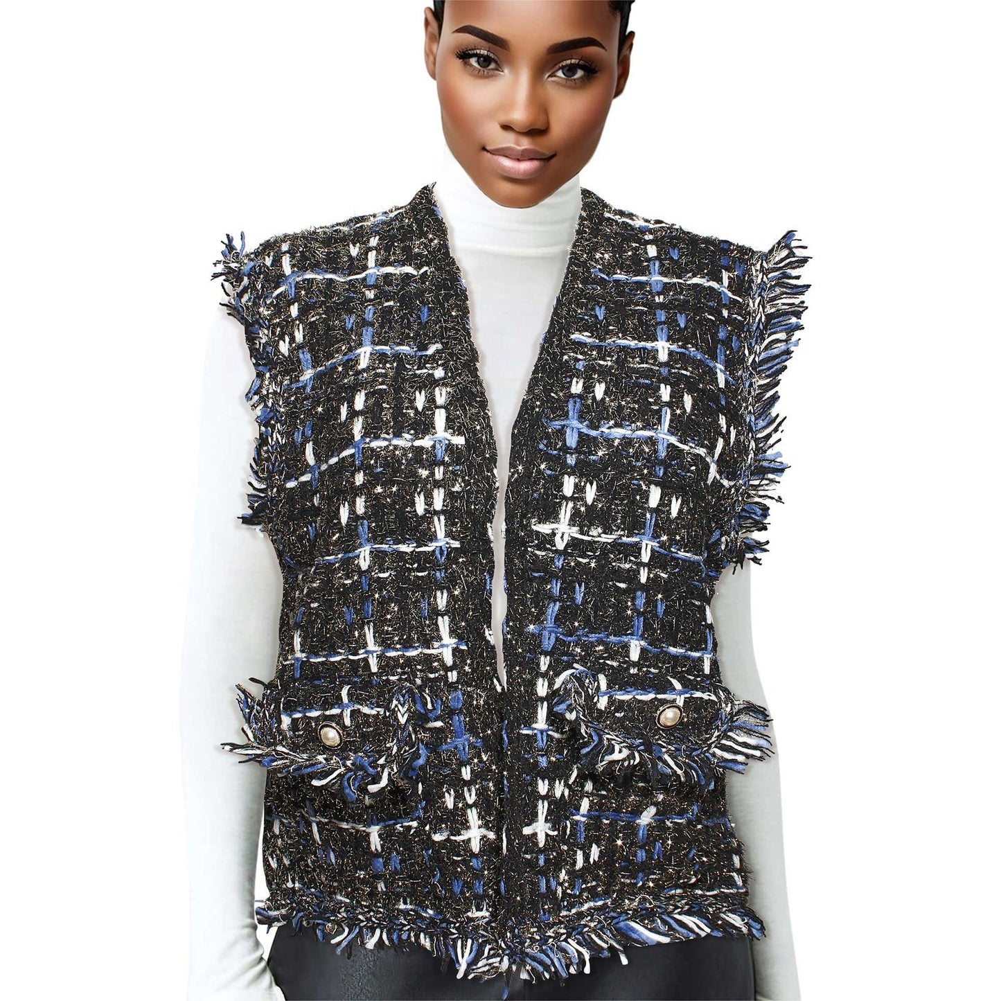 Silver Threaded Festive Tweed Black Vest for Women