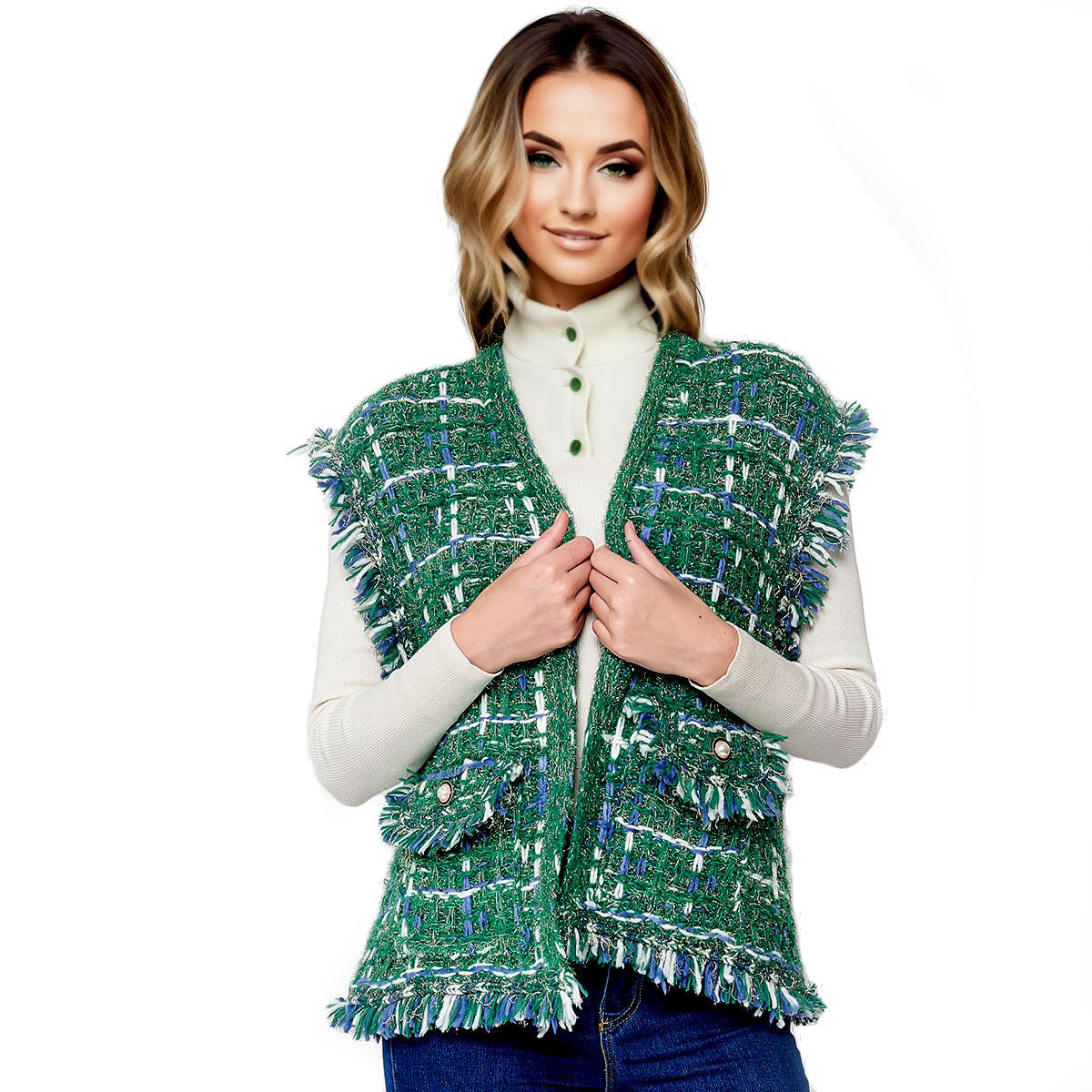 Silver Threaded Festive Tweed Green Vest for Women