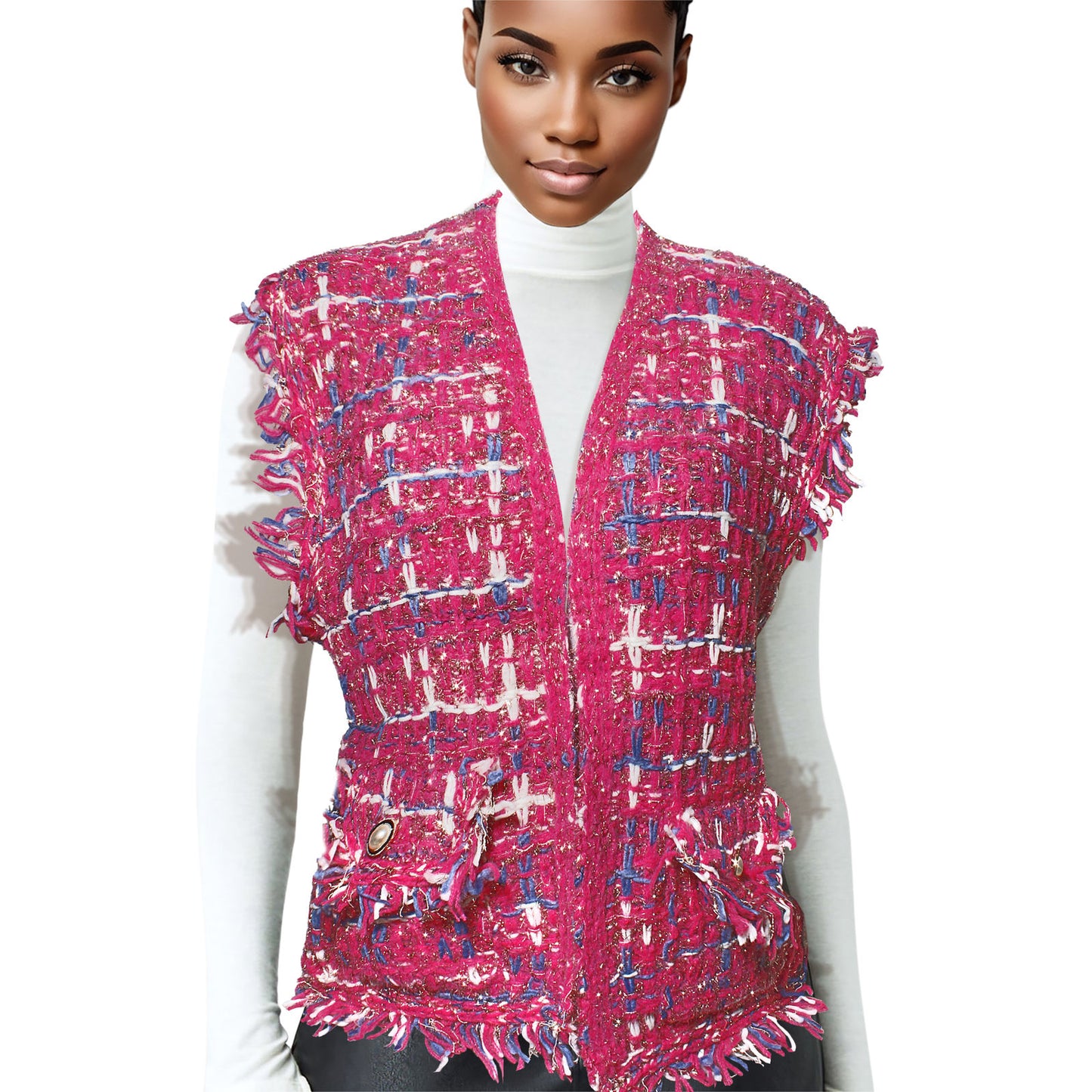 Silver Threaded Vest Plaid Tweed Pink Vest for Women