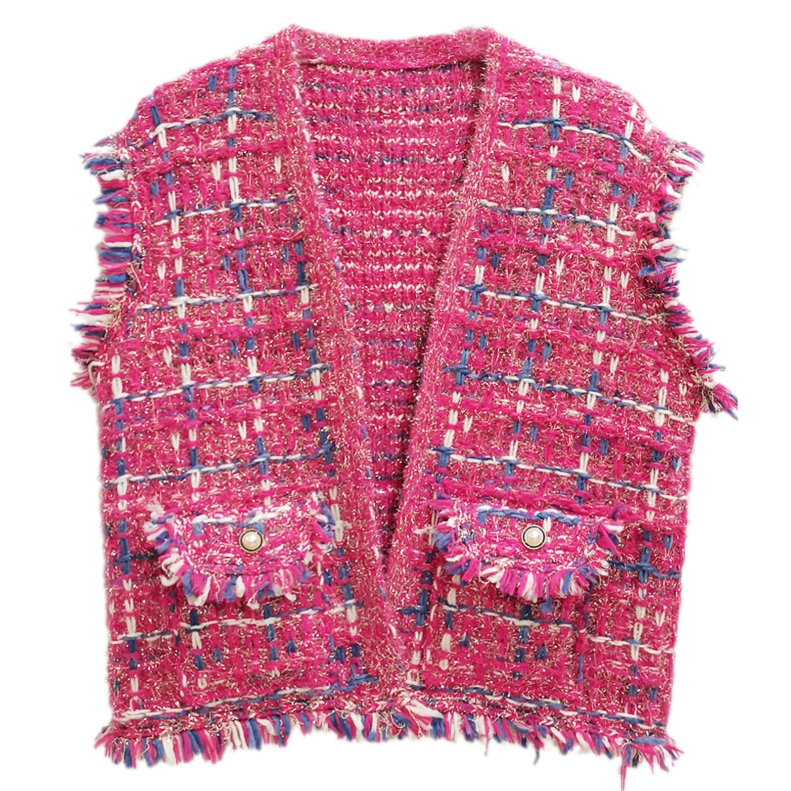 Silver Threaded Vest Plaid Tweed Pink Vest for Women