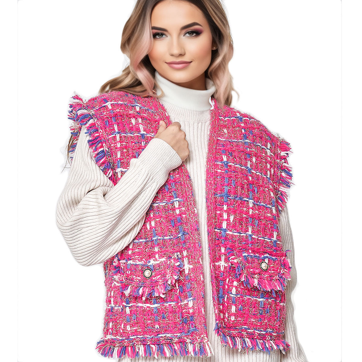 Silver Threaded Vest Plaid Tweed Pink Vest for Women