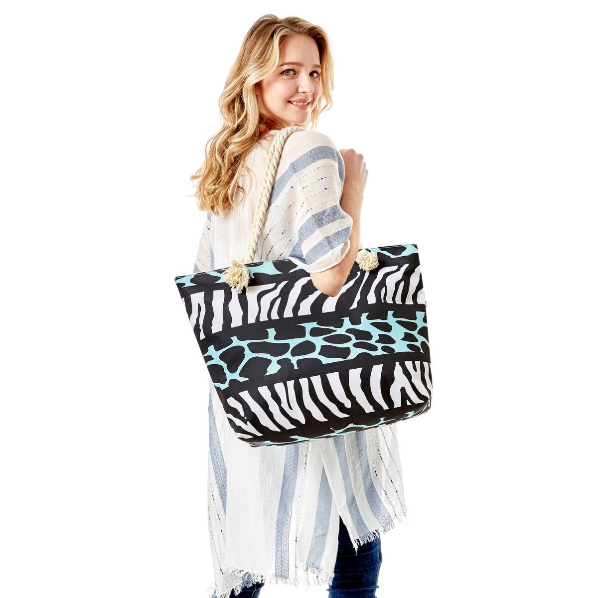 White and Aqua Animal Print Beach Tote