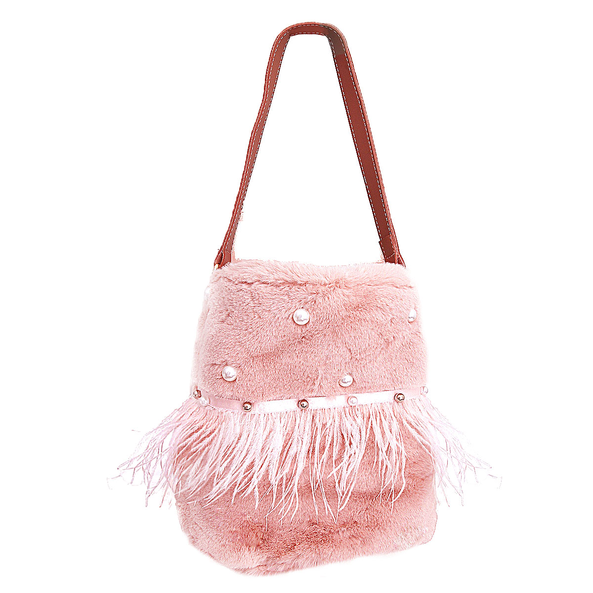 Mauve Fur Pearl Stud Bucket Bag