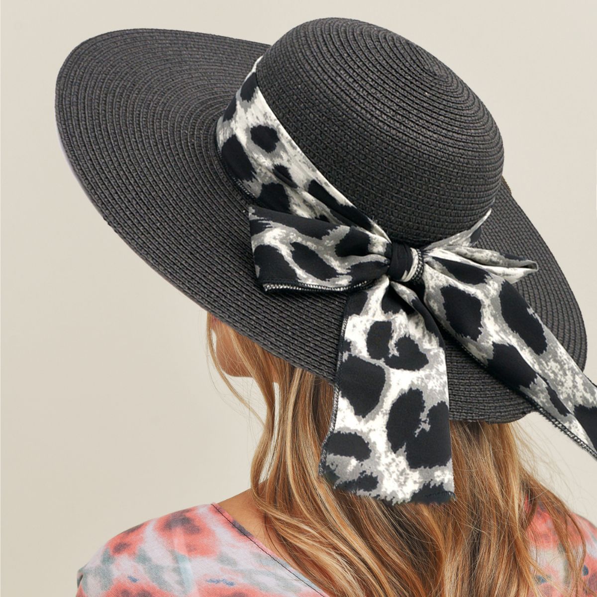 Black Leopard Bow Floppy Hat