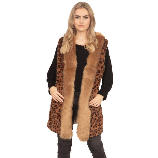 Brown Leopard Fur Trim Vest