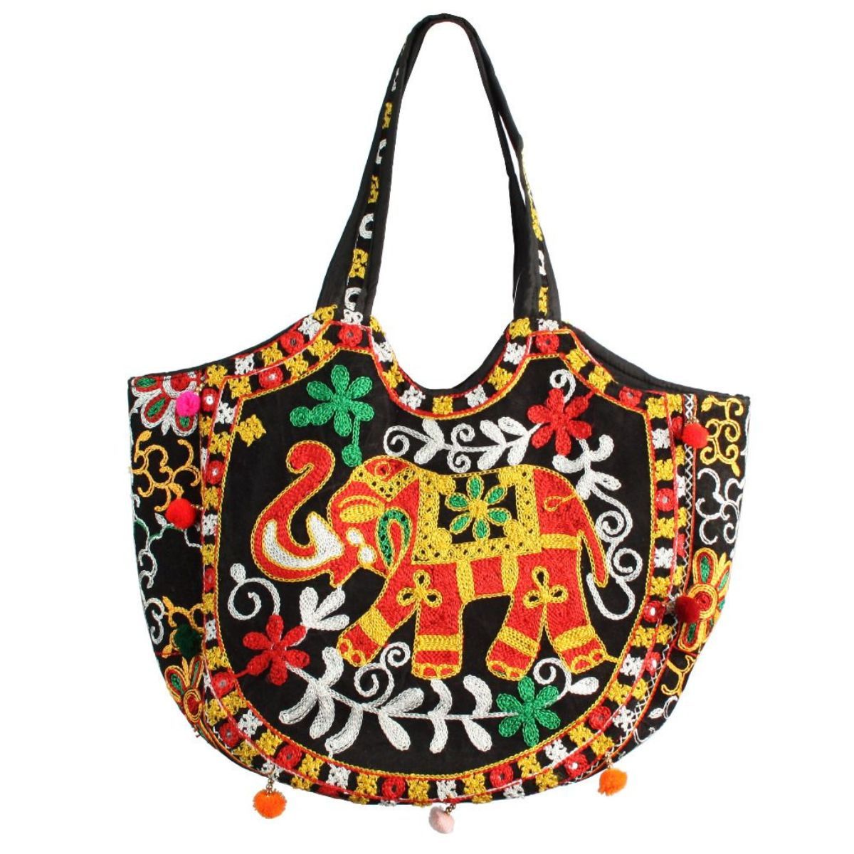 Black Embroidered Elephant Tote