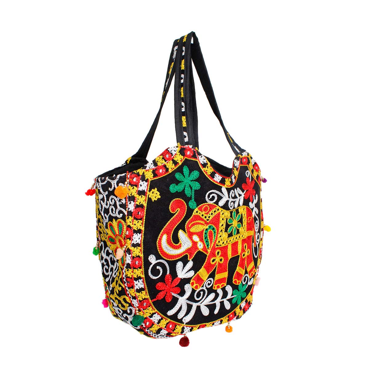 Black Embroidered Elephant Tote