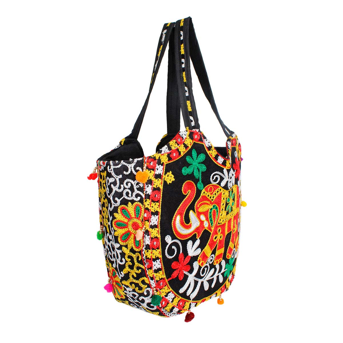 Black Embroidered Elephant Tote