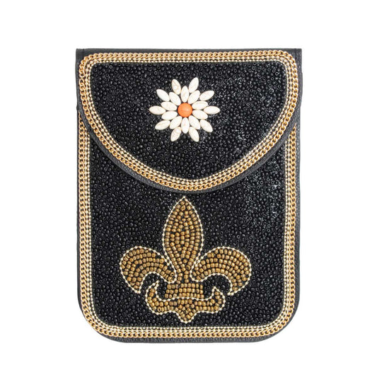 Black Fleur de Lis Beaded Phone Crossbody