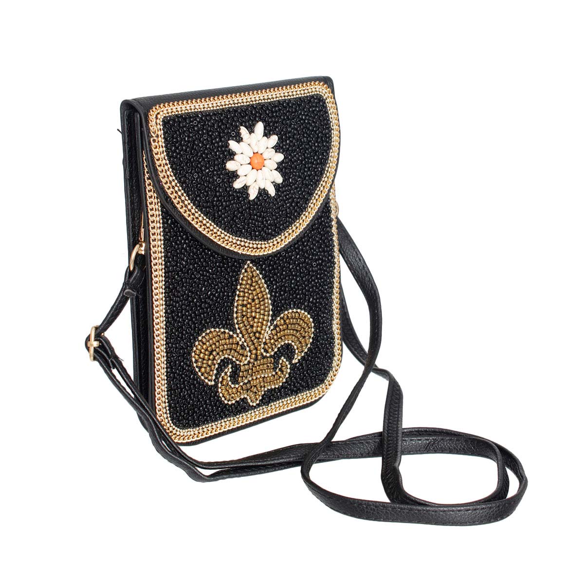 Black Fleur de Lis Beaded Phone Crossbody