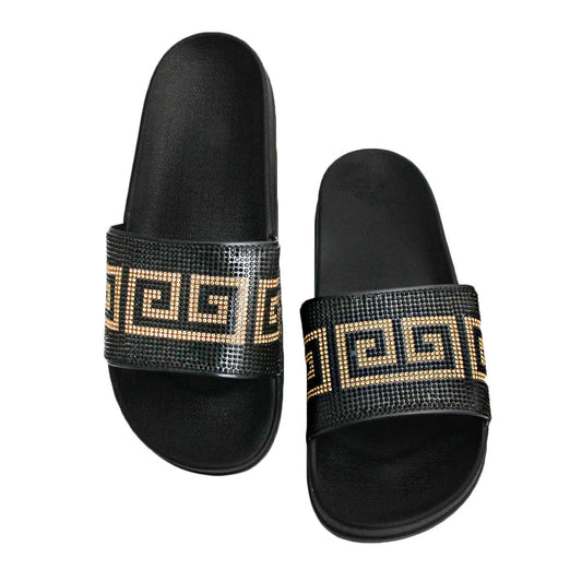 Black and Gold Size 12 Designer Black Slides