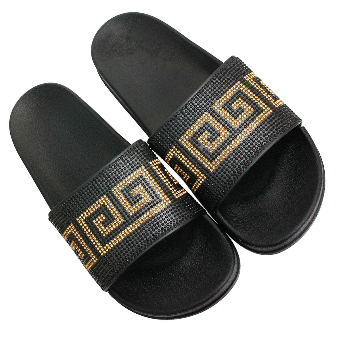 Black and Gold Size 12 Designer Black Slides